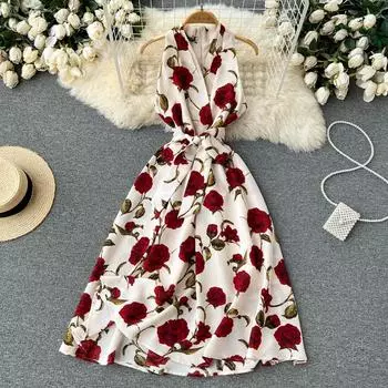 Платье RUGOD с принтом в стиле ретро, лето 2022, новое тонкое платье средней длины с v-образным вырезом и завязкой на талии, темпераментное платье с v-образным вырезом и поясом S бежевый