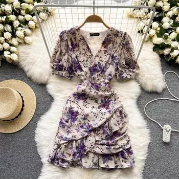 Платье RUGOD с пышными рукавами и v-образным вырезом с цветочным принтом, легкое, в знакомом стиле, облегающее и тонкое универсальное платье трапециевидной формы с принтом