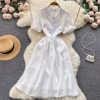 Платье RUGOD с пышными рукавами и лацканами, новое летнее темпераментное белое платье с талией