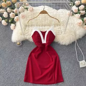 Платье RUGOD с разрезом на бедрах и запахом, женское корейское платье, тонкое и сексуальное, контрастного цвета, с глубоким вырезом, платье на подтяжках, летнее красное короткое платье