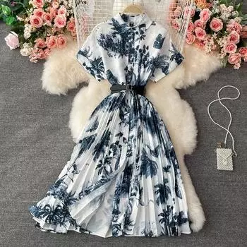 Платье RUGOD с рисунком тушью, новое летнее платье-рубашка с короткими рукавами и принтом, французское легкое длинное платье длиной выше колена, уменьшающее возраст S синий