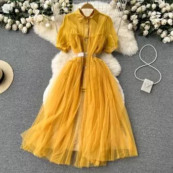 Платье RUGOD Sweet Fried Street с лацканами, большое платье из тонкой сетки с высокой талией