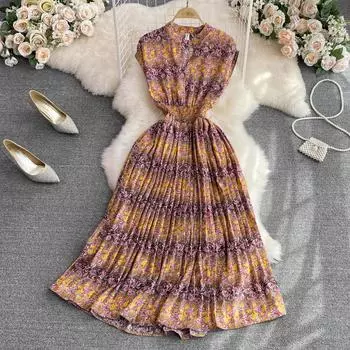 Платье RUGOD, женское платье Amoi в стиле ретро с v-образным вырезом и цветочным принтом, длинное платье в западном стиле, плиссированное платье One Size
