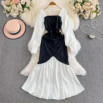 Платье-русалка французского осеннего черно-белого цвета, элегантное женское, с квадратным воротником, рукавами-фонариками, эластичное облегающее платье миди S чёрный