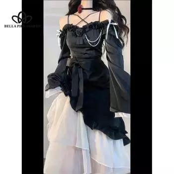 Платье «рыбий хвост» с длинным рукавом во французском стиле, женское весенне-летнее новое дизайнерское черно-белое длинное платье нерегулярной строчки S чёрный