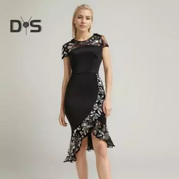 Платье-рыбий хвост с вышивкой и пайетками, О-образный вырез, короткий рукав, элегантное кружевное вечернее платье с оборками, офисное облегающее женское платье S чёрный