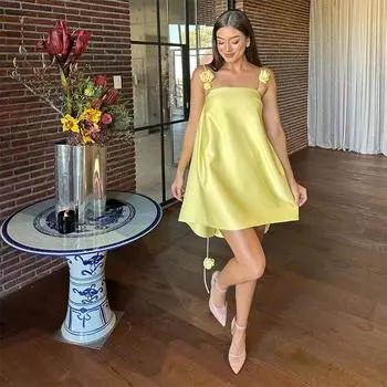 Платье с 3D-цветочной лентой и бретельками через шею с цветочным принтом, цветное, свободное, пляжное, шелковое, атласное, с подтяжками, короткое, платье-комбинация S жёлтый