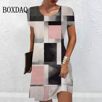 Платье с 3D геометрическим принтом, женское платье в стиле ретро с коротким рукавом и круглым вырезом, летняя мода, повседневное мини-платье трапециевидной формы, одежда больших размеров, новинка 2024 г. S