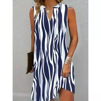 Платье с абстрактным принтом, повседневное платье без рукавов с V-образным вырезом, женская одежда S синий