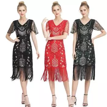 Платье с бахромой и пайетками 1920-х годов, платье с бахромой в стиле ретро, танцевальное платье для вечеринки, праздничный костюм для выступлений 2XL (145-160 pounds)