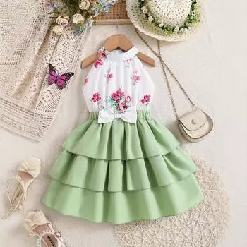 Платье с бантом для девочек, летнее детское платье принцессы, платье без рукавов, супер-сказочное платье 90cm светло-зеленый