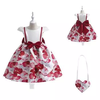 Платье с бантом для маленьких девочек и сумкой в виде сердца, элегантное праздничное платье принцессы для крещения на 3-й день рождения для девочек, свадебное платье подружки невесты 4Y малиновый