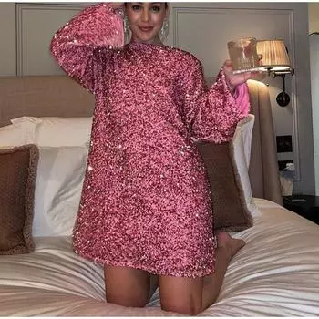 Платье с бантом и пайетками для женщин, зимнее, рождественское, с длинным рукавом, блестящие короткие платья, женское, с открытой спиной, вечернее, женское, мини-платье S розы красного