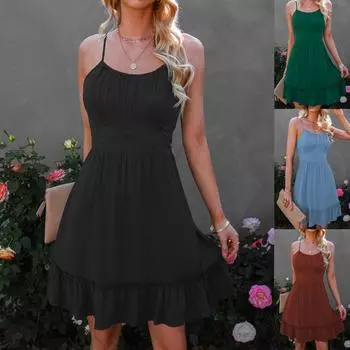 Платье с бантом и высокой талией для женщин, платье на бретельках, платье с открытой спиной и регулируемыми бретелями, мини-платье, вечернее платье S красный