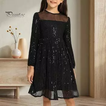 Платье с блестками для девочек, весенне-осеннее платье с длинными рукавами и рюшами, подол, круглый вырез, однотонное, элегантное, трапециевидное, детское вечерние мини-платье принцессы для малышей 9-10 Years