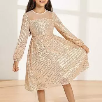Платье с блестками для девочек, весенне-осеннее платье с длинными рукавами и рюшами, подол, круглый вырез, однотонное, элегантное, трапециевидное, детское вечерние мини-платье принцессы для малышей 9-10 Years