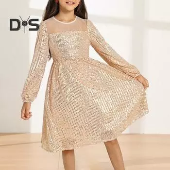 Платье с блестками для девочек, весенне-осеннее платье с длинными рукавами и рюшами, подол, круглый вырез, однотонное, элегантное, трапециевидное, детское вечерние мини-платье принцессы для малышей 9-10 Years