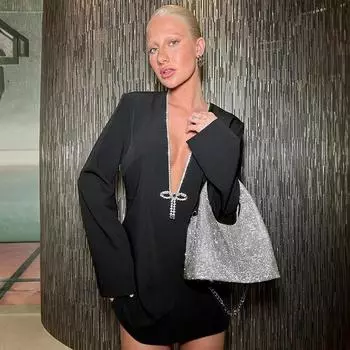 Платье с блестящими стразами и глубоким V-образным вырезом для женщин, тонкое лоскутное платье с длинными рукавами, элегантные мини-платья, популярная клубная ночная одежда для девочек, женское вечернее сексуальное платье, новинка S чёрный