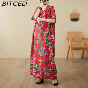 Платье с большим цветком, женское летнее платье из хлопка и льна с v-образным вырезом, большой размер, литературный праздник, пляжный винтажный длинный халат One Size красный