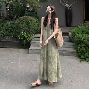 Платье с бретелькой на бретельках с цветочным принтом, женское весеннее и летнее пляжное платье в стиле французского ретро в стиле отпуска, свободное тонкое длинное платье S