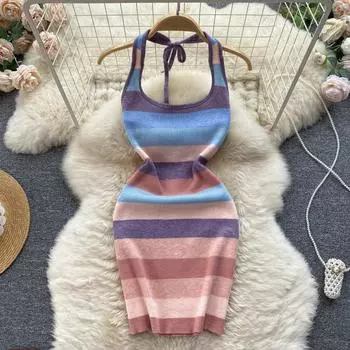 Платье с бретелькой на бретельках в контрастную полоску RUGOD Новое осеннее трикотажное короткое платье до бедер