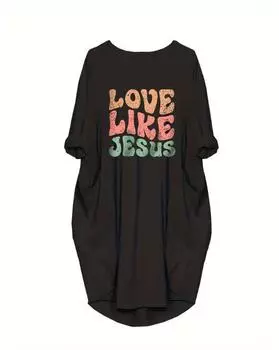 Платье с буквенным принтом больших размеров, повседневное весеннее платье с круглым вырезом с длинными рукавами, женская одежда больших размеров 1XL чёрный