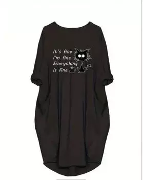 Платье с буквенным принтом больших размеров, повседневное весеннее платье с круглым вырезом с длинными рукавами, женская одежда больших размеров 1XL чёрный
