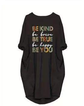 Платье с буквенным принтом больших размеров, повседневное весеннее платье с круглым вырезом с длинными рукавами, женская одежда больших размеров 1XL чёрный