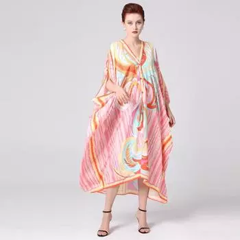 Платье с цветным принтом, женское платье большого размера с рукавами «летучая мышь», тонкий V-образный воротник, осенние платья в богемном стиле S синий