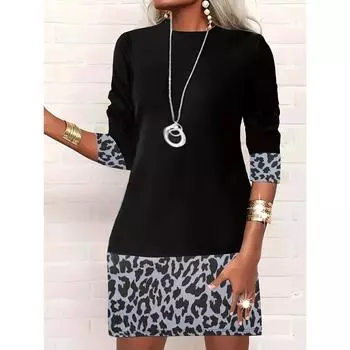 Платье с цветными блоками и леопардовым принтом, с длинными рукавами для женщин, повседневное платье с круглым вырезом, весна/осень S чёрный