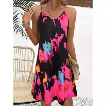 Платье с цветными блоками и V-образным вырезом, повседневное платье-комбинация без рукавов и открытой спины на тонких бретельках на весну и лето, женская одежда S