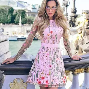 Платье с цветочной вышивкой, женское мини-платье с длинным рукавом и кружевом, с цветочным принтом, элегантное праздничное вечернее женское мини-платье S синий
