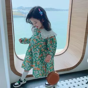 Платье с цветочным принтом для девочек, милое осеннее платье принцессы в западном стиле с длинными рукавами 100