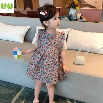 Платье с цветочным принтом для девочек, милое детское платье-жилет с бантом на бретельках 100cm