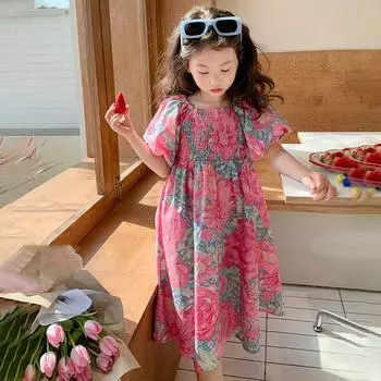 Платье с цветочным принтом для девочек, платье с квадратным вырезом и короткими рукавами, летнее детское платье принцессы 11