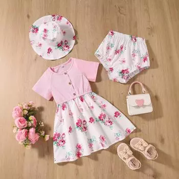 Платье с цветочным принтом для девочек. Летнее детское платье с милым принтом принцессы. 90cm розовый