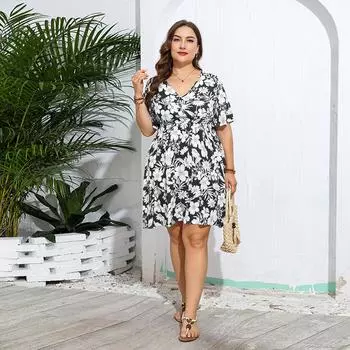 Платье с цветочным принтом для женщин, короткое платье с v-образным вырезом и коротким рукавом, высокой талией, летнее повседневное модное дышащее легкое платье, платье для работы, отдыха, плюс платье XL