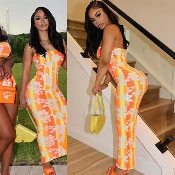 Платье с цветочным принтом для женщин во французском стиле, винтажное тонкое мини-платье без рукавов, модные платья с бюстгальтером S оранжевый/жёлтый