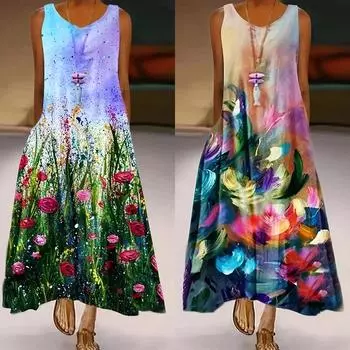 Платье с цветочным принтом и 3D принтом, свободное винтажное женское платье, уличная одежда, элегантное повседневное платье-робо, женские модные платья до щиколотки XL зелёный/фиолетовый