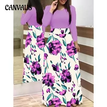 Платье с цветочным принтом и длинными рукавами, женские свободные платья S фиолетовый