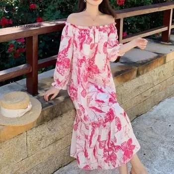 Платье с цветочным принтом и открытыми плечами, модное повседневное элегантное женское длинное платье, пляжное платье с принтом M