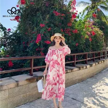 Платье с цветочным принтом и открытыми плечами, модное повседневное элегантное женское длинное платье, пляжное платье с принтом S