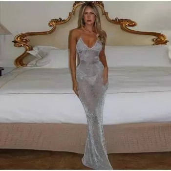 Платье с цветочным принтом и пряжей Flash Yarn Hook Sexy Pure Desire Slim Halter Backless Sleeveless Transparent Party Dresses Summer Lady Dresses S серый