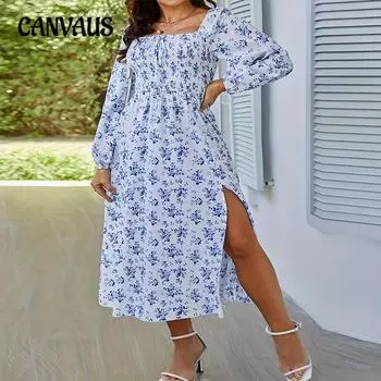 Платье с цветочным принтом и разрезом, с длинными рукавами, осенние женские платья больших размеров, элегантные платья А-силуэта 1XL светло-синий