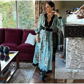 Платье с цветочным принтом и V-образным вырезом, женское, винтажное, с открытой спиной, с пышными рукавами-фонариками, новинка 2025 года, повседневное длинное платье весна-лето S светло-синий