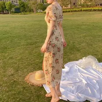 Платье с цветочным принтом Элегантное платье с квадратным воротником Мягкие длинные платья для женщин S