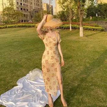 Платье с цветочным принтом Элегантное платье-рубашка с французским цветочным принтом Мягкие длинные платья для чаепития M