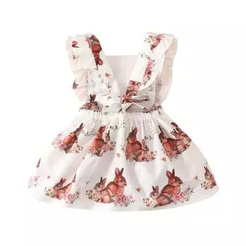 Платье с цветочным принтом кролика для девочек, детская одежда, платье с открытой спиной 100