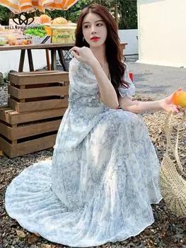 Платье с цветочным принтом, летнее платье для перерыва на чай, французское длинное платье для женщин, повседневное элегантное пляжное платье с короткими рукавами S синий