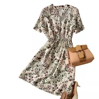 Платье с цветочным принтом, летнее, свежее, прохладное, с завязками на шнуровке, с V-образным вырезом, короткими рукавами, шифоновое платье S